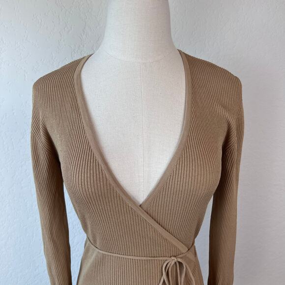 Vintage 90s Y2K Beige Wrap Top Size PS V Neck Ribbed 3/4 Sleeve - Picture 2 of 11